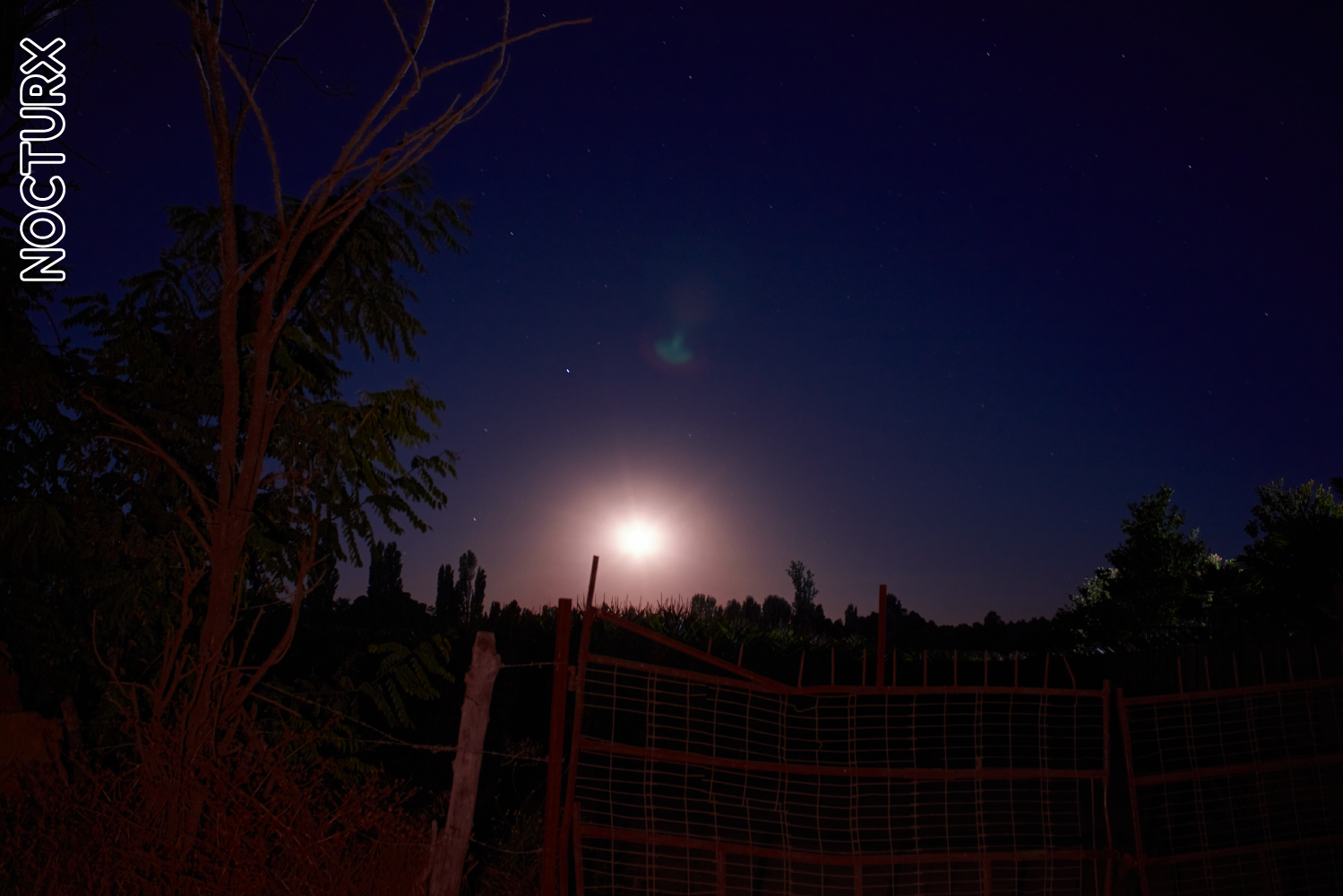 Luna llena, sobre el horizonte de una zona rural